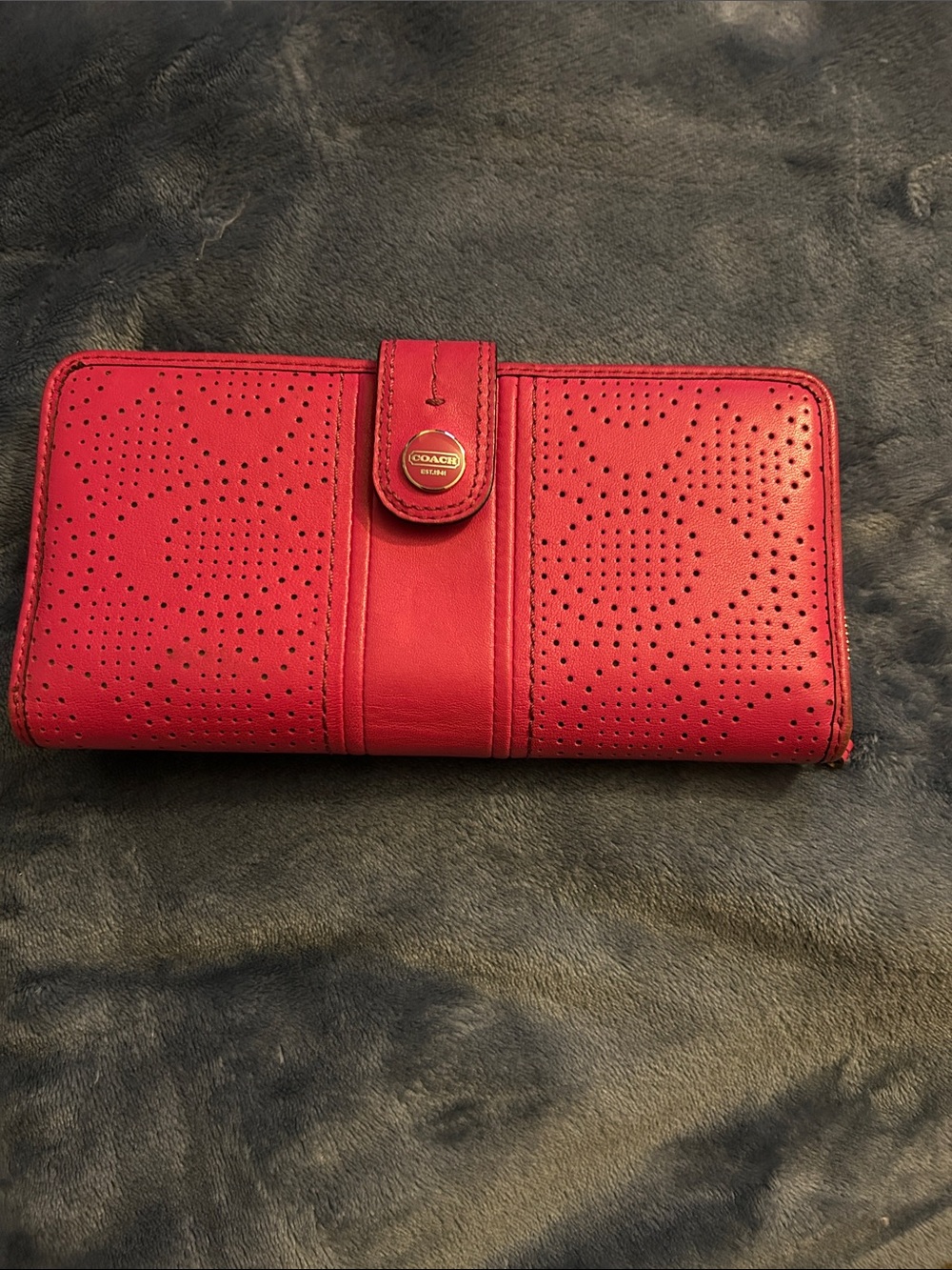 Coach Red Perforated Leather Continental Wallet with Snap Tab